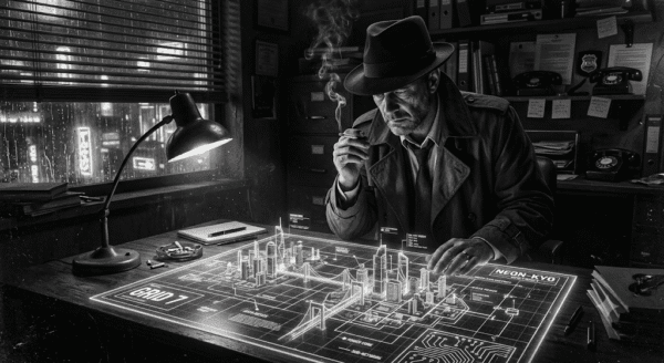 Black and white image of a Noir detective sitting at his desk looking over a 3D blueprint of a Cyberscape.