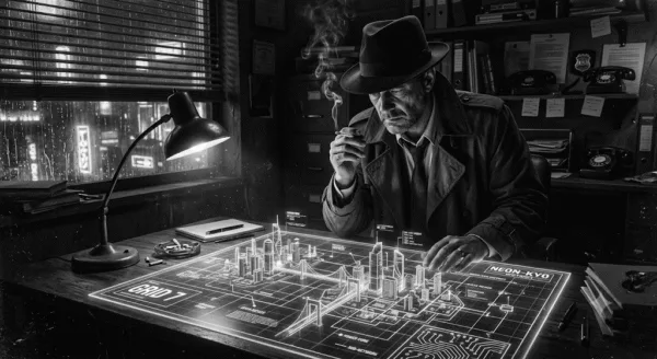 Black and white image of a Noir detective sitting at his desk looking over a 3D blueprint of a Cyberscape.