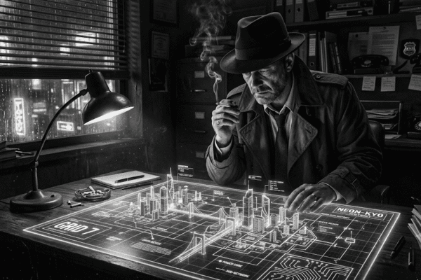 Black and white image of a Noir detective sitting at his desk looking over a 3D blueprint of a Cyberscape.