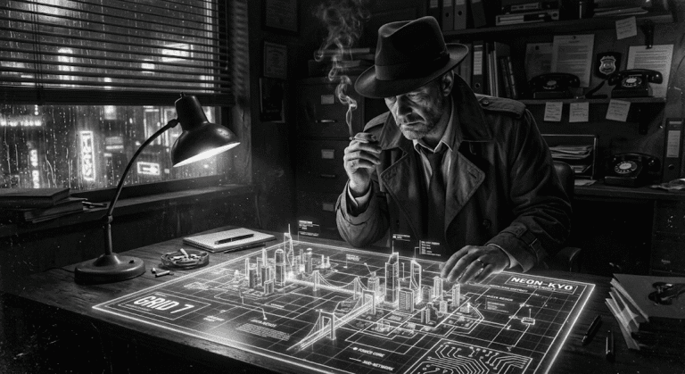 Black and white image of a Noir detective sitting at his desk looking over a 3D blueprint of a Cyberscape.