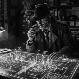 Noir detective looks at Cyberscape 3D blueprint on his desk.