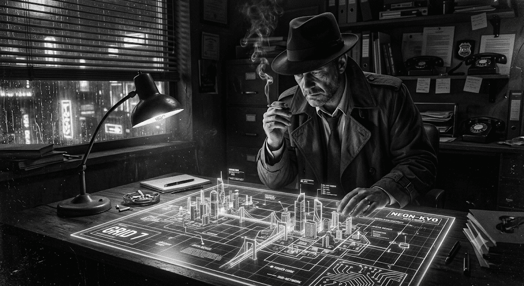 Black and white image of a Noir detective sitting at his desk looking over a 3D blueprint of a Cyberscape.