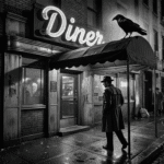 Raven on the awning of a noir diner. Ash on the menu