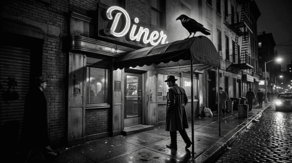 Raven on the awning of a noir diner. Ash on the menu