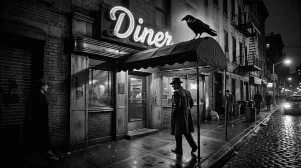 Raven on the awning of a noir diner. Ash on the menu