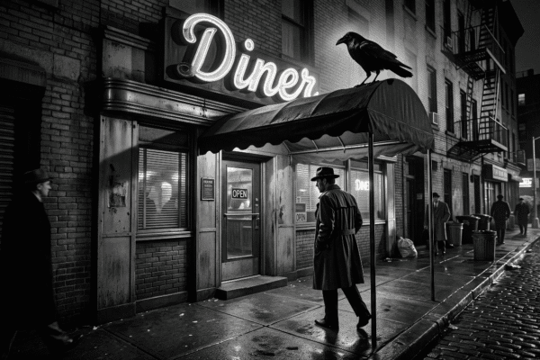 Raven on the awning of a noir diner. Ash on the menu
