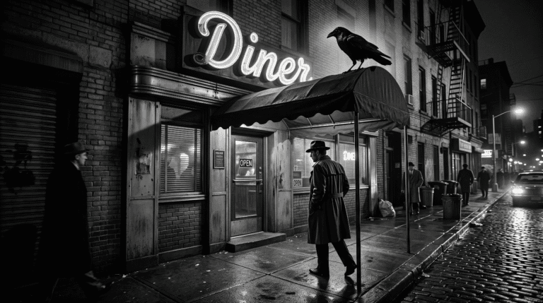Raven on the awning of a noir diner. Ash on the menu