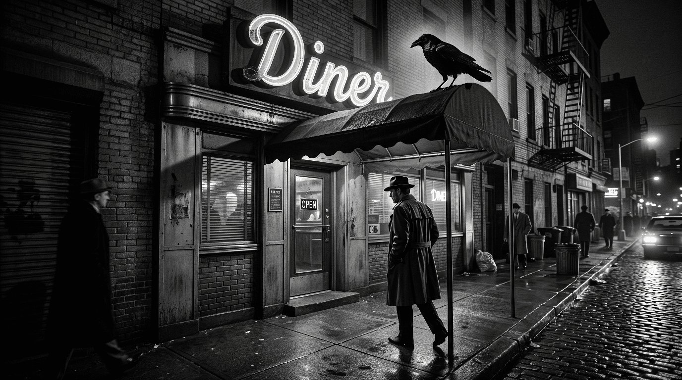 Raven on the awning of a noir diner. Ash on the menu