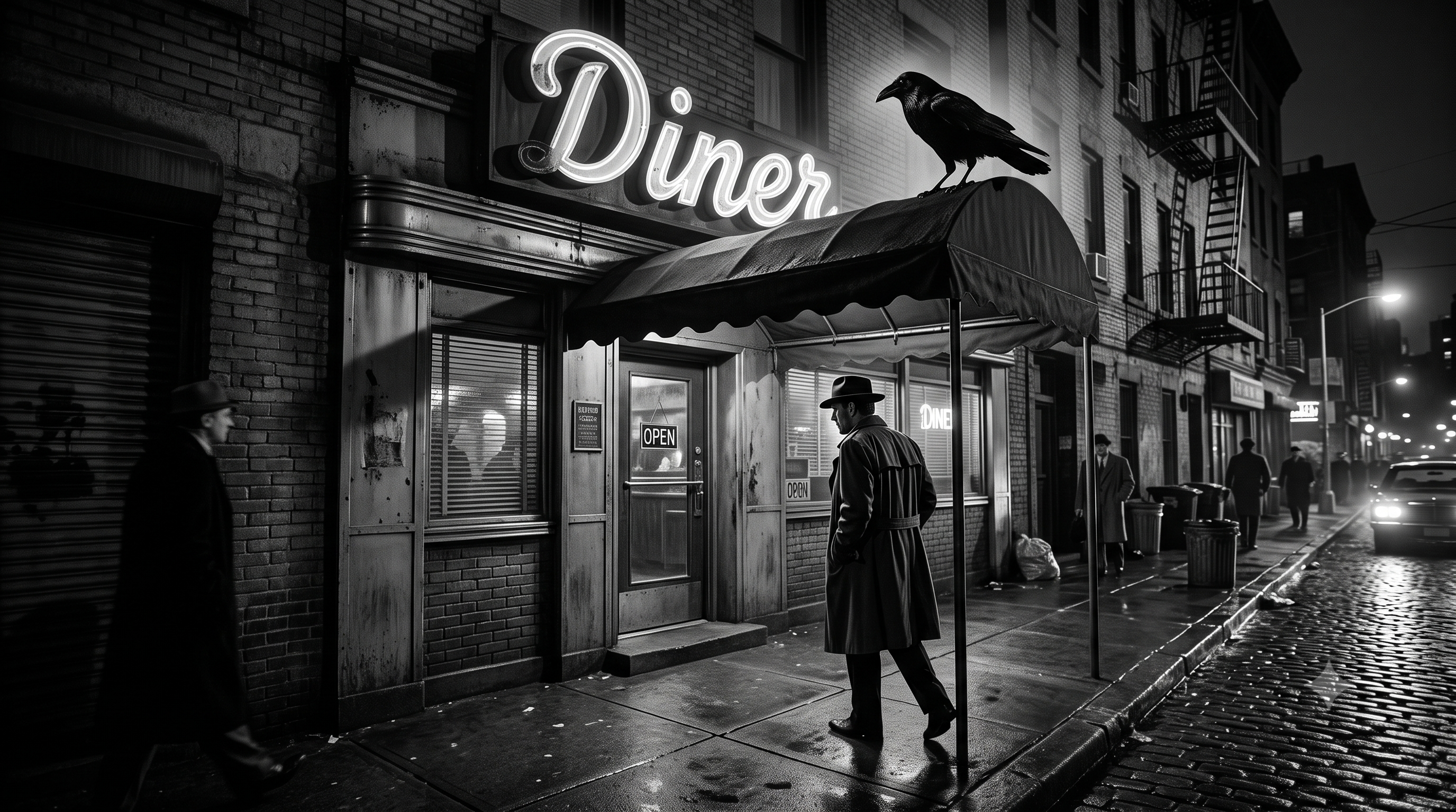 Raven on the awning of a noir diner. Ash on the menu