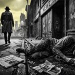 Black and white noir image of a wino in the gutter in a run down slum in the city of ash