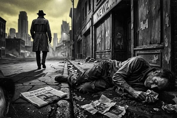 Black and white noir image of a wino in the gutter in a run down slum in the city of ash