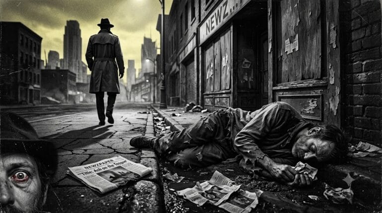 Black and white noir image of a wino in the gutter in a run down slum in the city of ash