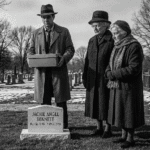 An Inheritance of Grief - Reflections. A noir detective and 2 elderly women stand by a grave stone that reads Jackie Angel Bennett.