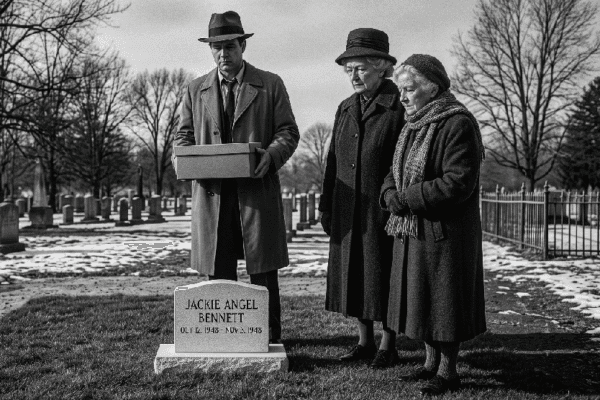 An Inheritance of Grief - Reflections. A noir detective and 2 elderly women stand by a grave stone that reads Jackie Angel Bennett.