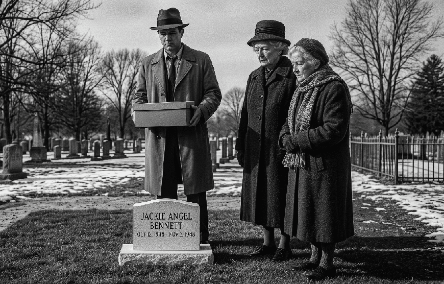 An Inheritance of Grief - Reflections. A noir detective and 2 elderly women stand by a grave stone that reads Jackie Angel Bennett.