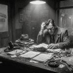 Jack Hammer a noir detective sits at his desk looking hungover.