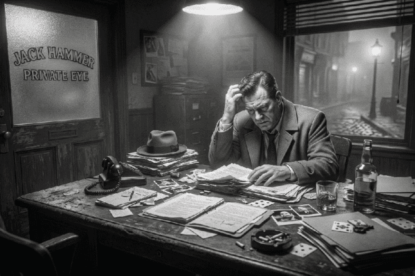 Jack Hammer a noir detective sits at his desk looking hungover.
