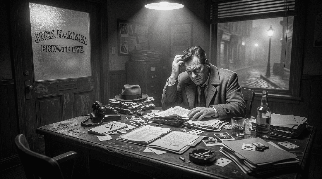 Jack Hammer a noir detective sits at his desk looking hungover.