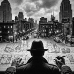 The scene in front of the man is a drafting table. At the bottom of the drafting, the man is drawing architectural designs of a living world. At the top of the table, his designs fade into a living image of a Noir city neighborhood, complete with buildings, citizens, cars, hustle and bustle.
