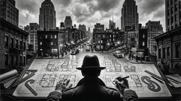The scene in front of the man is a drafting table. At the bottom of the drafting, the man is drawing architectural designs of a living world. At the top of the table, his designs fade into a living image of a Noir city neighborhood, complete with buildings, citizens, cars, hustle and bustle.