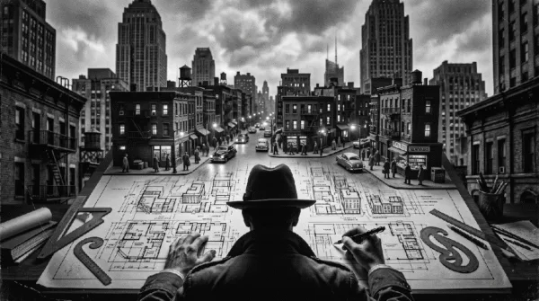 The scene in front of the man is a drafting table. At the bottom of the drafting, the man is drawing architectural designs of a living world. At the top of the table, his designs fade into a living image of a Noir city neighborhood, complete with buildings, citizens, cars, hustle and bustle.