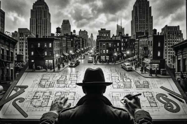 The scene in front of the man is a drafting table. At the bottom of the drafting, the man is drawing architectural designs of a living world. At the top of the table, his designs fade into a living image of a Noir city neighborhood, complete with buildings, citizens, cars, hustle and bustle.