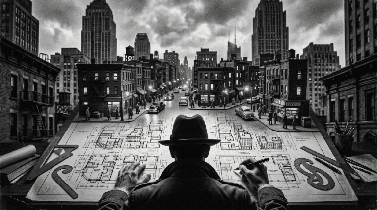 The scene in front of the man is a drafting table. At the bottom of the drafting, the man is drawing architectural designs of a living world. At the top of the table, his designs fade into a living image of a Noir city neighborhood, complete with buildings, citizens, cars, hustle and bustle.