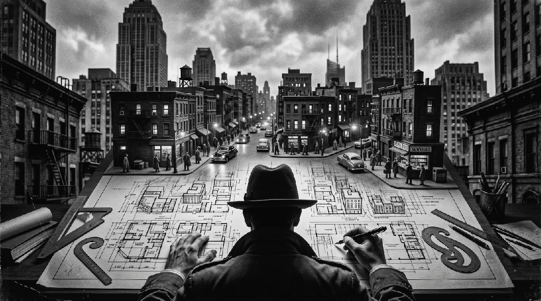 The scene in front of the man is a drafting table. At the bottom of the drafting, the man is drawing architectural designs of a living world. At the top of the table, his designs fade into a living image of a Noir city neighborhood, complete with buildings, citizens, cars, hustle and bustle.