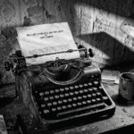 Cinematic dark film noir photograph. A vintage mechanical typewriter sitting on a worn wooden detective desk in a dark 1940s office. A single desk lamp casts long, harsh shadows across peeling wallpaper and ash-covered surfaces. Crisp white paper in the typewriter carriage with typed black text. The text reads "The Last Living Will and Testament of Jack Hammer.