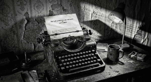 Cinematic dark film noir photograph. A vintage mechanical typewriter sitting on a worn wooden detective desk in a dark 1940s office. A single desk lamp casts long, harsh shadows across peeling wallpaper and ash-covered surfaces. Crisp white paper in the typewriter carriage with typed black text. The text reads "The Last Living Will and Testament of Jack Hammer.