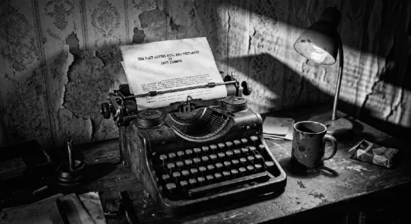 Cinematic dark film noir photograph. A vintage mechanical typewriter sitting on a worn wooden detective desk in a dark 1940s office. A single desk lamp casts long, harsh shadows across peeling wallpaper and ash-covered surfaces. Crisp white paper in the typewriter carriage with typed black text. The text reads "The Last Living Will and Testament of Jack Hammer.