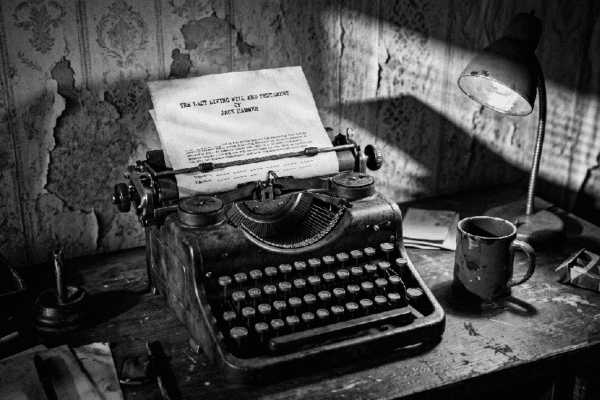 Cinematic dark film noir photograph. A vintage mechanical typewriter sitting on a worn wooden detective desk in a dark 1940s office. A single desk lamp casts long, harsh shadows across peeling wallpaper and ash-covered surfaces. Crisp white paper in the typewriter carriage with typed black text. The text reads "The Last Living Will and Testament of Jack Hammer.