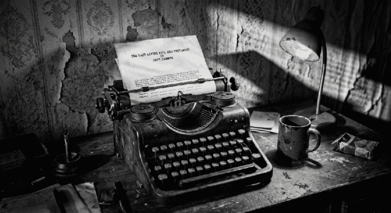 Cinematic dark film noir photograph. A vintage mechanical typewriter sitting on a worn wooden detective desk in a dark 1940s office. A single desk lamp casts long, harsh shadows across peeling wallpaper and ash-covered surfaces. Crisp white paper in the typewriter carriage with typed black text. The text reads "The Last Living Will and Testament of Jack Hammer.