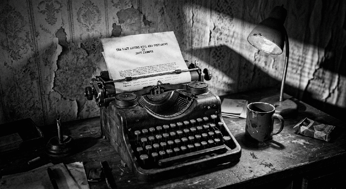 Cinematic dark film noir photograph. A vintage mechanical typewriter sitting on a worn wooden detective desk in a dark 1940s office. A single desk lamp casts long, harsh shadows across peeling wallpaper and ash-covered surfaces. Crisp white paper in the typewriter carriage with typed black text. The text reads "The Last Living Will and Testament of Jack Hammer.