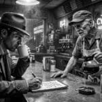 A cyber noir reporter sits at a diner counter drinking coffee in The Unwritten City. The old Joe who runs the joint is on the other side of the counter with the coffee pot in his hand. The noir reporter has a note pad, and is writing down what the old Joe is saying.