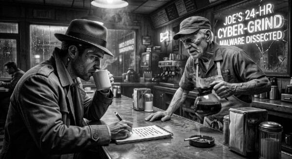A cyber noir reporter sits at a diner counter drinking coffee in The Unwritten City. The old Joe who runs the joint is on the other side of the counter with the coffee pot in his hand. The noir reporter has a note pad, and is writing down what the old Joe is saying.