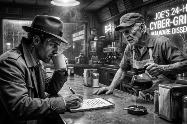 A cyber noir reporter sits at a diner counter drinking coffee in The Unwritten City. The old Joe who runs the joint is on the other side of the counter with the coffee pot in his hand. The noir reporter has a note pad, and is writing down what the old Joe is saying.