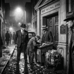 Black and white. Noir. Detective Jack Hammer peers around the corner of a dark alley at a poor Rag and Bone man who is rummaging through the trash who is surrounded by 3 gangster thugs.