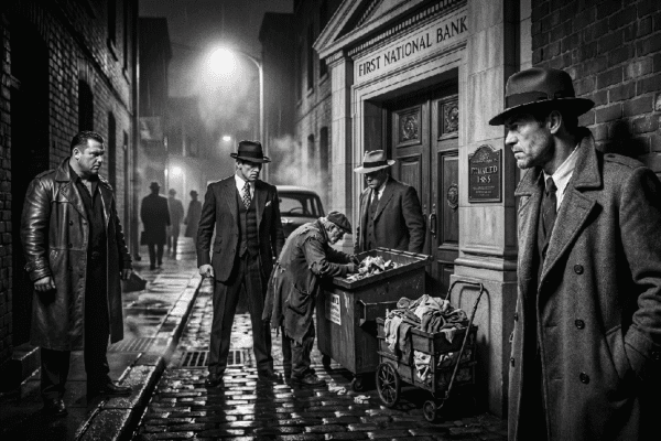 Black and white. Noir. Detective Jack Hammer peers around the corner of a dark alley at a poor Rag and Bone man who is rummaging through the trash who is surrounded by 3 gangster thugs.