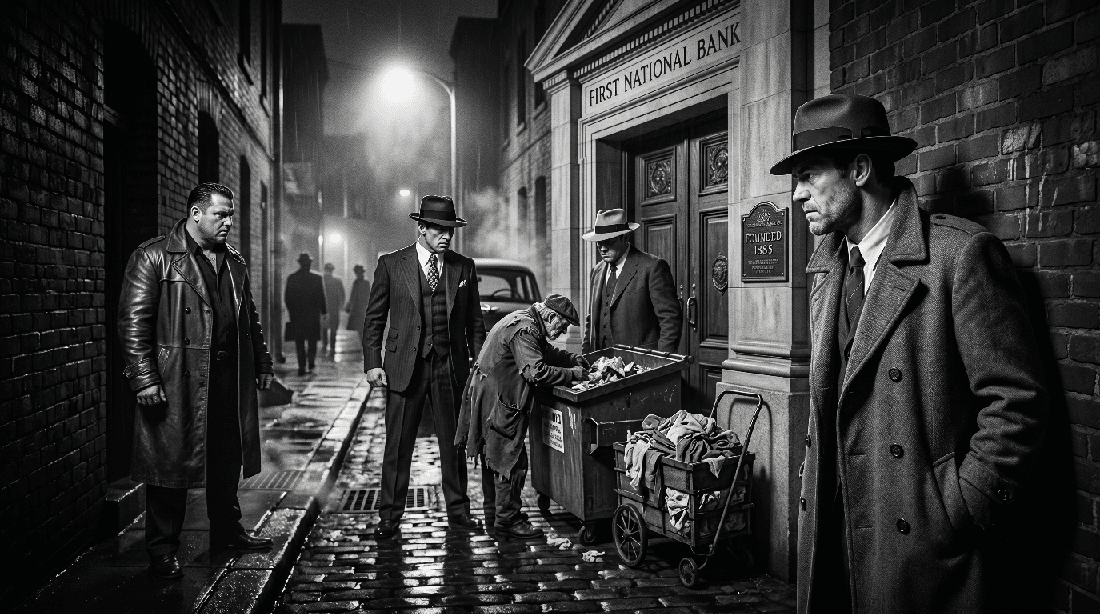 Black and white. Noir. Detective Jack Hammer peers around the corner of a dark alley at a poor Rag and Bone man who is rummaging through the trash who is surrounded by 3 gangster thugs.