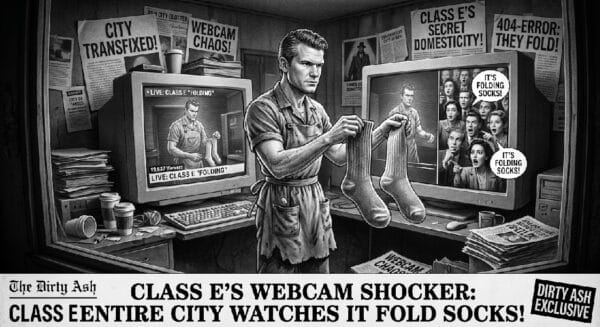 SOCK SHOCKER humor. A person resembling the US sec of war seen in a filthy room folding socks.