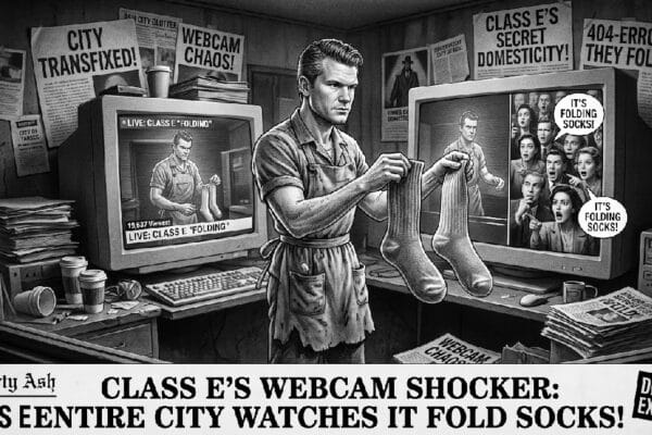 SOCK SHOCKER humor. A person resembling the US sec of war seen in a filthy room folding socks.