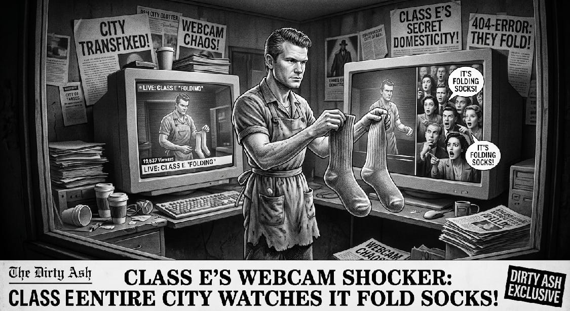 SOCK SHOCKER humor. A person resembling the US sec of war seen in a filthy room folding socks.