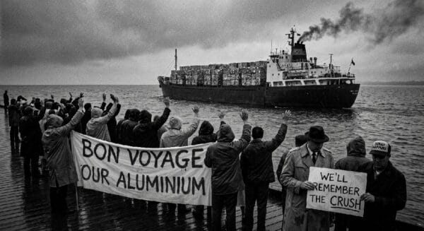 Humor. Satire. Noir. Black and white. A crowd sadly waves goodbye and Bon Voyage to a freighter full of aluminium cans as it turns around and heads away across one of the Great Lakes.