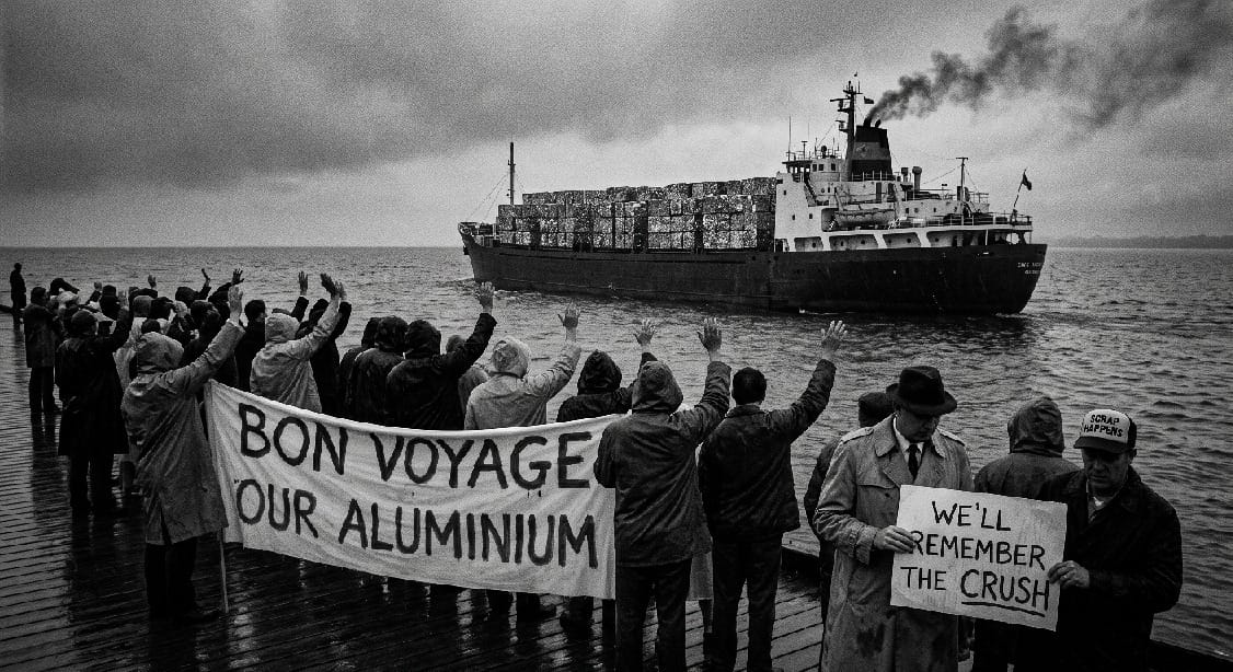 Humor. Satire. Noir. Black and white. A crowd sadly waves goodbye and Bon Voyage to a freighter full of aluminium cans as it turns around and heads away across one of the Great Lakes.