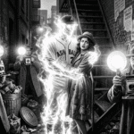 Noir image of a strange being made of light, a sports hero, caught in a noir alley with a human woman in a compromising position by the paparazzi. Black and white. Humorous.