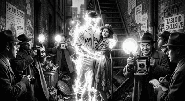 Noir image of a strange being made of light, a sports hero, caught in a noir alley with a human woman in a compromising position by the paparazzi. Black and white. Humorous.