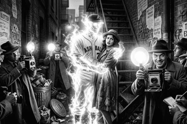 Noir image of a strange being made of light, a sports hero, caught in a noir alley with a human woman in a compromising position by the paparazzi. Black and white. Humorous.