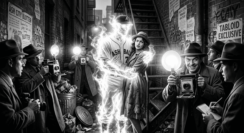 Noir image of a strange being made of light, a sports hero, caught in a noir alley with a human woman in a compromising position by the paparazzi. Black and white. Humorous.