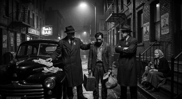 Black and white Noir Gangster image showing USCIS agents shake down an immigrant family for money